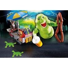 The greedy ghost Slimer eats his fill at the hotdog stand.