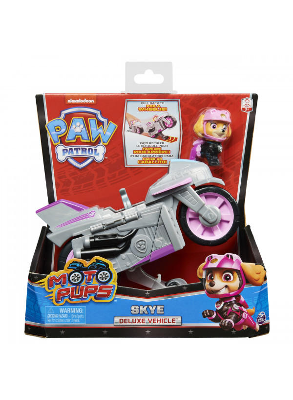Paw Patrol Moto Pups Skye Deluxe Pull Back Motorcycle Vehicle With Wheelie Feature And Figure