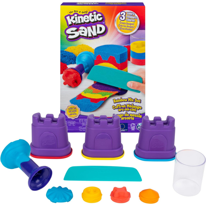 Kinetic Sand, Rainbow Mix Set With 3 Colours Of Kinetic Sand (382g) And 6  Tools