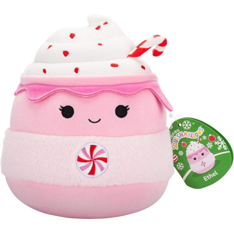 Squishmallows Original 7.5-Inch Ethel the Pink Candy Cane Hot Chocolate Holiday Plush Soft Toy
