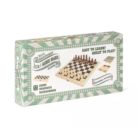 Toyrific Traditional 3 in 1 Wooden Board Game Set Chess Draughts Backgammon