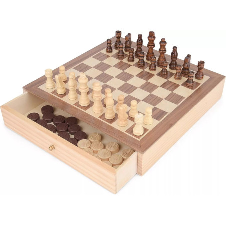 Toyrific Traditional 2 in 1 Wooden Board Game Set Chess Draughts